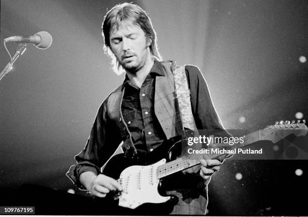 British guitarist Eric Clapton performing on stage at the Nassau Coliseum in Long Island, New York on June 30, 1974.