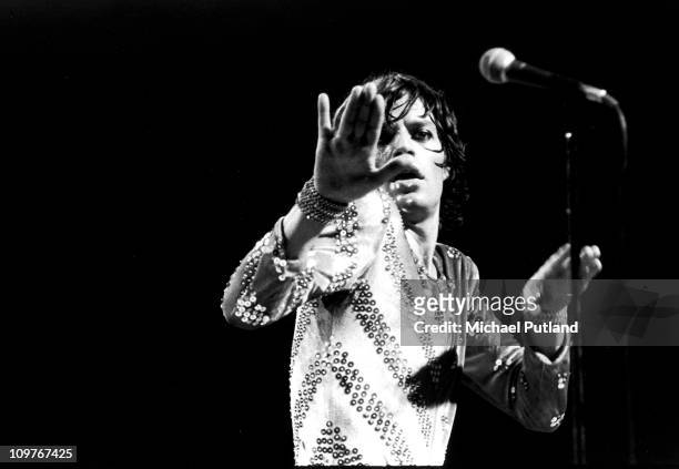 Singer Mick Jagger of the Rolling Stones performing on stage during their European tour in 1973.