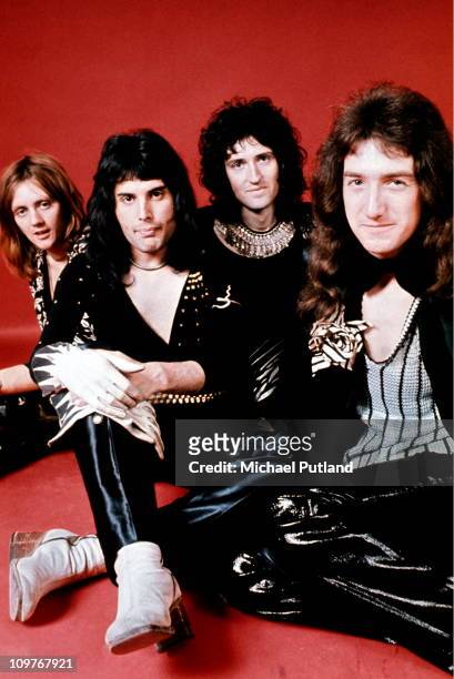 Drummer Roger Taylor, singer Freddie Mercury , guitarist Brian May and bassist John Deacon of British rock band Queen pose in London, England in 1973.