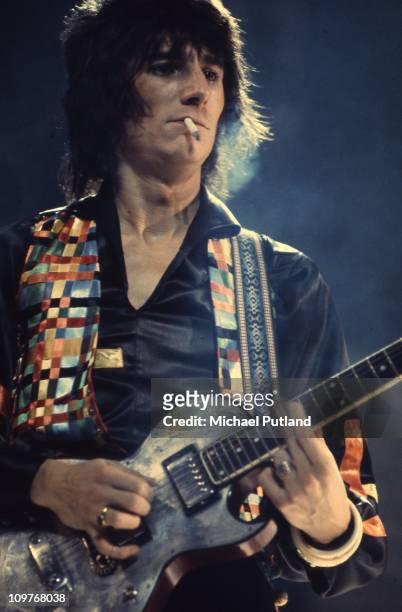 British guitarist Ronnie Wood of the Faces performing on stage in 1972.