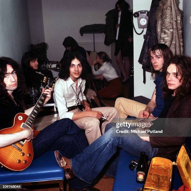 Group portrait of British rock band Free backstage in 1972. Left to right are singer Paul Rodgers, bassist Andy Fraser,drummer Simon Kirke and...