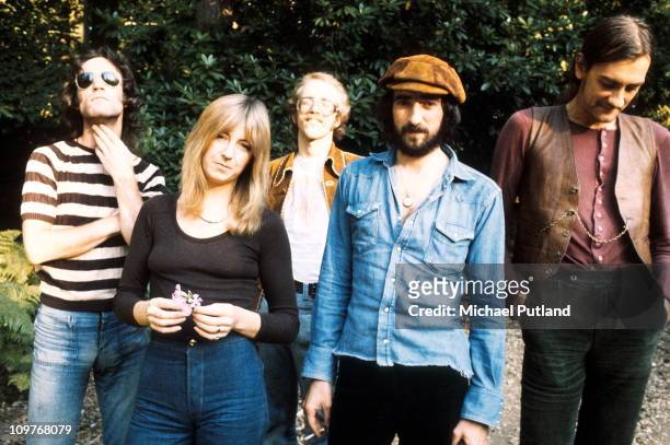 Posed group portrait of Fleetwood Mac in September 1973. Left to right are Bob Weston, Christine McVie, Bob Welch, John McVie and Mick Fleetwood.