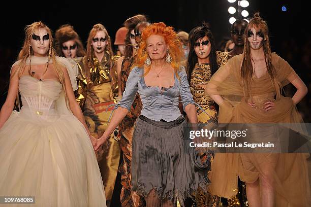 Vivienne Westwood and models walk the runway during the Vivienne Westwood Ready to Wear Autumn/Winter 2011/2012 show during Paris Fashion Week at...