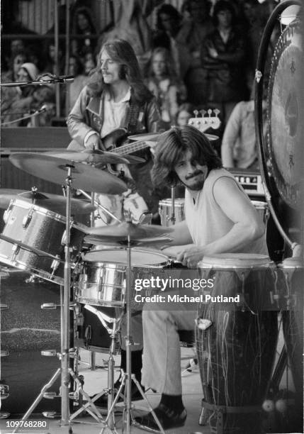 Bassist John Paul Jones and drummer John Bonham of British rock band Led Zeppelin performing on stage at the Bath Festival held in Shepton Mallet,...