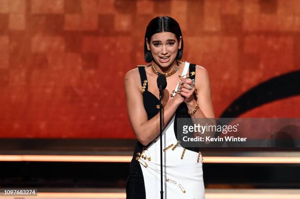 Dua Lipa accepts the Best New Artist award onstage during the 61st Annual GRAMMY Awards at Staples Center on February 10, 2019 in Los Angeles,...