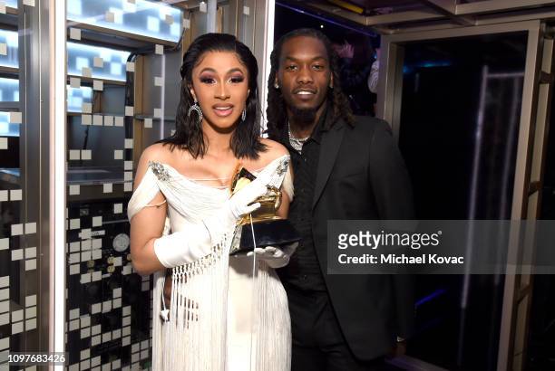 Cardi B, winner of Best Rap Album for 'Invasion of Privacy,' and Offset pose backstage during the 61st Annual GRAMMY Awards at Staples Center on...