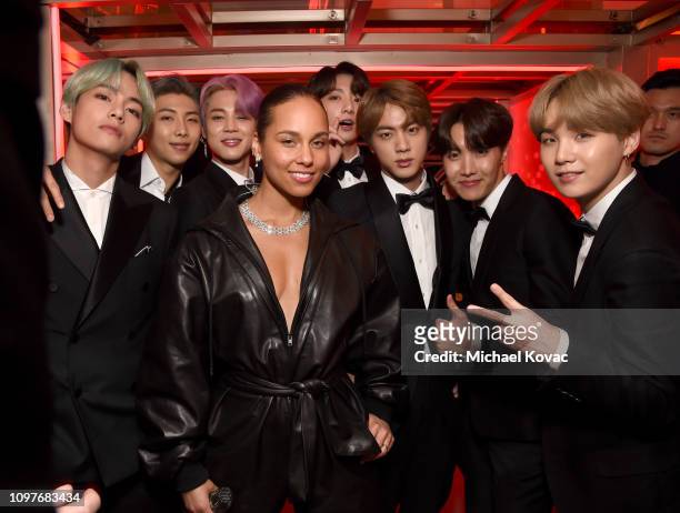 Host Alicia Key and BTS backstage during the 61st Annual GRAMMY Awards at Staples Center on February 10, 2019 in Los Angeles, California.