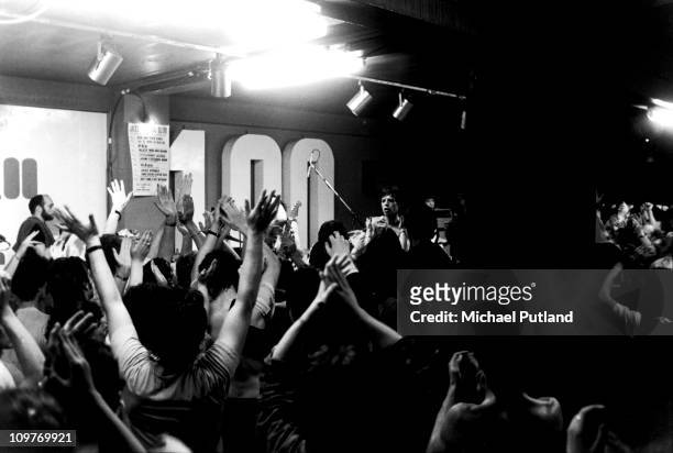 Singer Mick Jagger of the Rolling Stones performing on stage at the 100 Club in London, England on May 30, 1982.