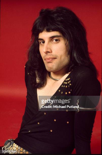 Singer Freddie Mercury of British rock band Queen poses in London, England in 1973.