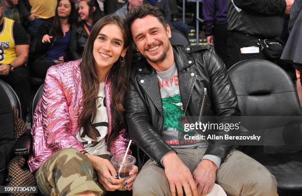 Isabel Pakzad and James Franco attend a basketball game between the Los Angeles Lakers and the Golden State Warriors at Staples Center on January 21,...