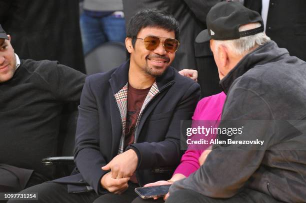 Manny Pacquiao attends a basketball game between the Los Angeles Lakers and the Golden State Warriors at Staples Center on January 21, 2019 in Los...