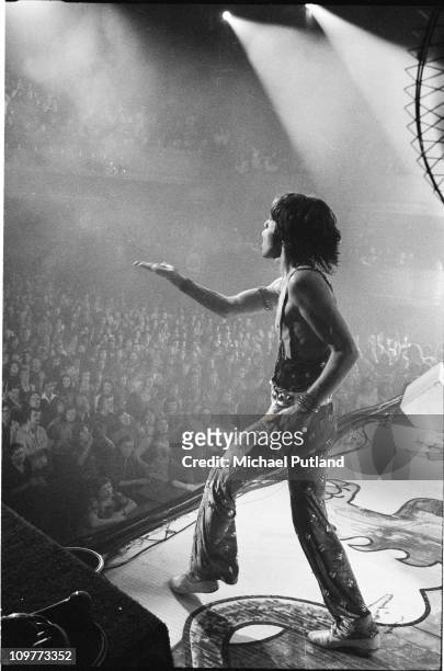 Singer Mick Jagger of the Rolling Stones performing on stage during their 1973 European Tour.