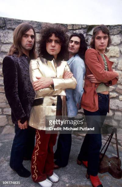 Drummer Bill Legend, singer and guitarist Marc Bolan , percussionist Mickey Finn and bassist Steve Currie of T-Rex poses in 1972.