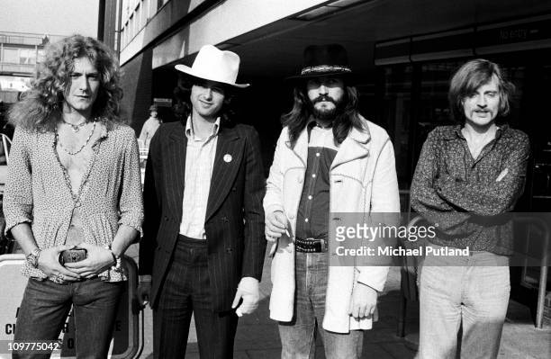 Group portrait of British rock band Led Zeppelin on June 05, 1973. Left to right are singer Robert Plant, guitarist Jimmy Page, drummer John Bonham...