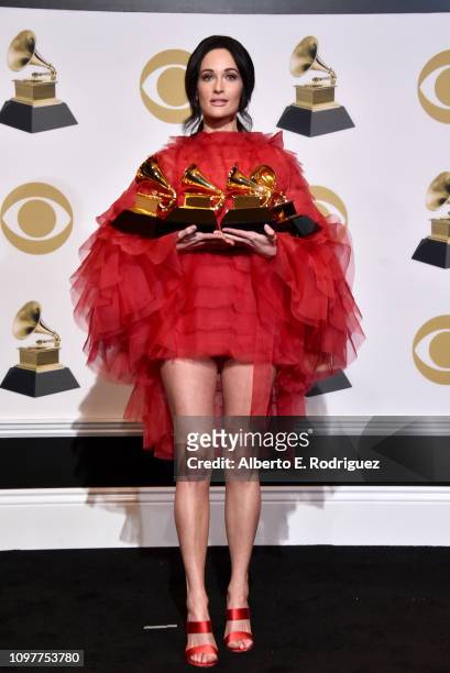 Grammy Winner Kacey Musgraves poses in the press room during the 61st Annual GRAMMY Awards at Staples Center on February 10, 2019 in Los Angeles,...