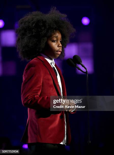 Raif-Henok Emmanuel Kendrick speaks onstage during the 61st Annual GRAMMY Awards at Staples Center on February 10, 2019 in Los Angeles, California.