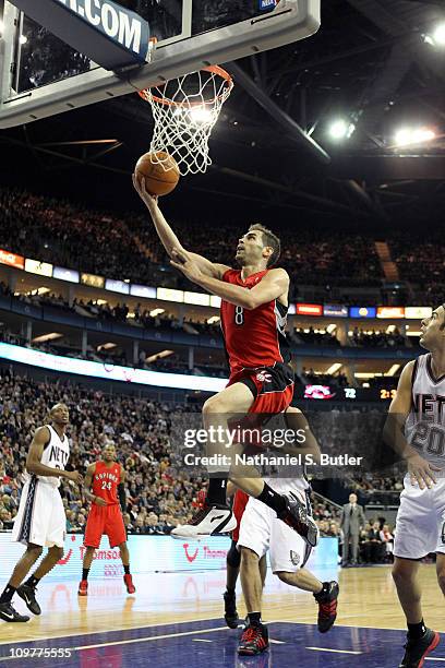 Jose Calderon of the Toronto Raptors shoots against the New Jersey Nets during their game at the O2 Arena on March 4, 2011 in London, England. NOTE...