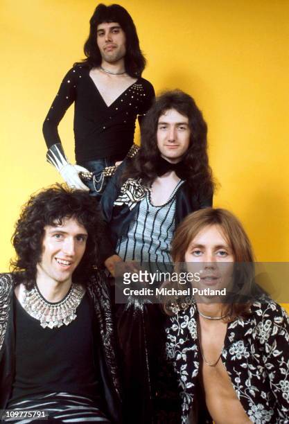 Guitarist Brian May, singer Freddie Mercury , bassist John Deacon and drummer Roger Taylor of British rock band Queen pose in London, England in 1973.