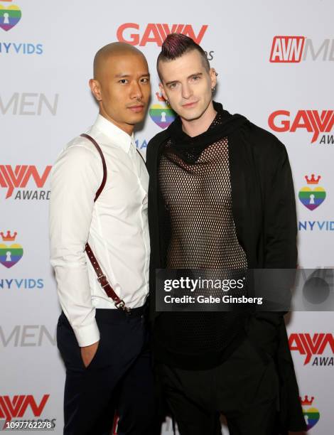 Adult film actors Caged Jock and Axel Abysse attend the 2019 GayVN Awards show at The Joint inside the Hard Rock Hotel & Casino on January 21, 2019...