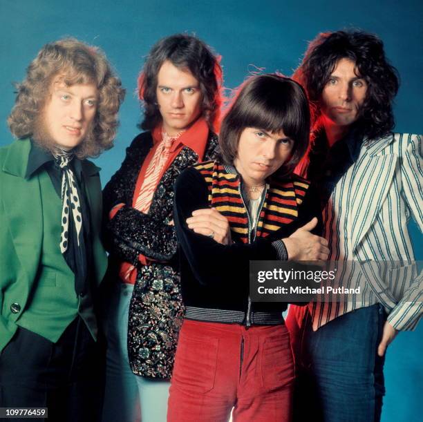 Singer Noddy Holder, drummer Don Powell, guitarist Dave Hill and bassist Jim Lea of British glam rock band Slade circa 1974.