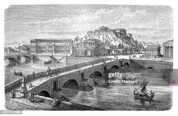 reconstruction of the capitoline hill, milvian bridge rome, italy - capitol rome stock illustrations