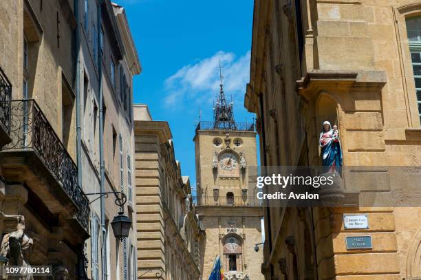 View of the bell tower on the Place de l'Hotel de Ville next to the City Hall of Aix-en-Provence, France. The Belfry was built in 1510; an astronomic...