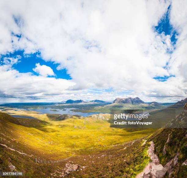 scotland assynt highlands mountain wilderness suilven inverpolly big sky vista - silentfoto heather stock pictures, royalty-free photos & images