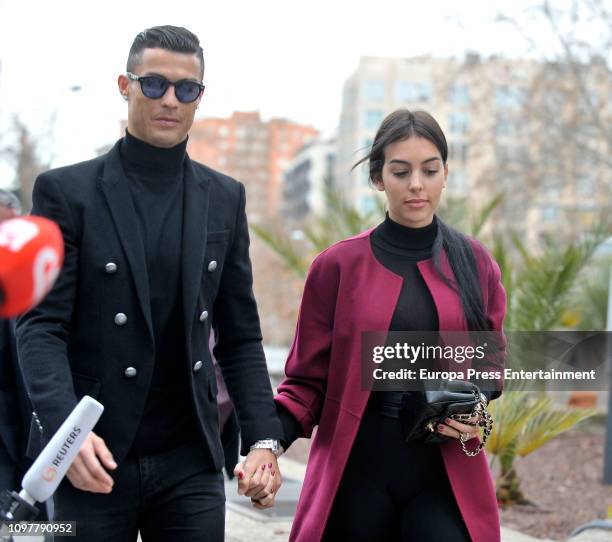 Cristiano Ronaldo and Georgina Rodriguez arrive at the Audiencia Provincial on January 22, 2019 in Madrid, Spain. Cristiano has been called to...