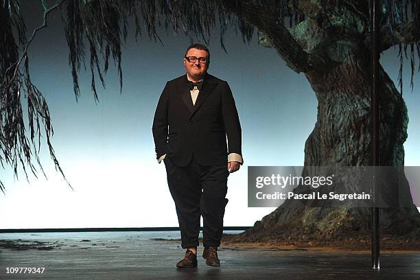 Designer Alber Elbaz walks the runway during the Lanvin Ready to Wear Autumn/Winter 2011/2012 show during Paris Fashion Week at Espace Ephemere...