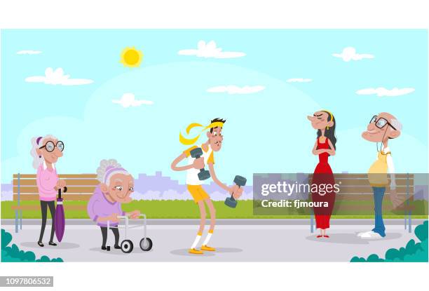 seniors doing exercise in the park - elderly exercising stock illustrations