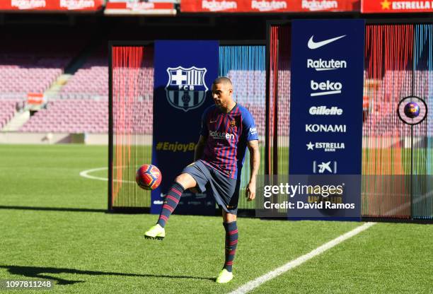 New Barcelona signing Kevin-Prince Boateng juggles the ball as he is unveiled at Nou Camp on January 22, 2019 in Barcelona, Spain.