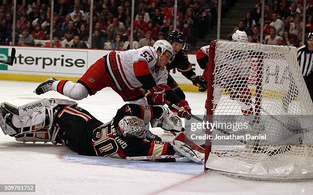 Jeff Skinner of the Carolina Hurricanes scores a goal in the 3rd period over Corey Crawford of the Chicago Blackhawks at the United Center on March...