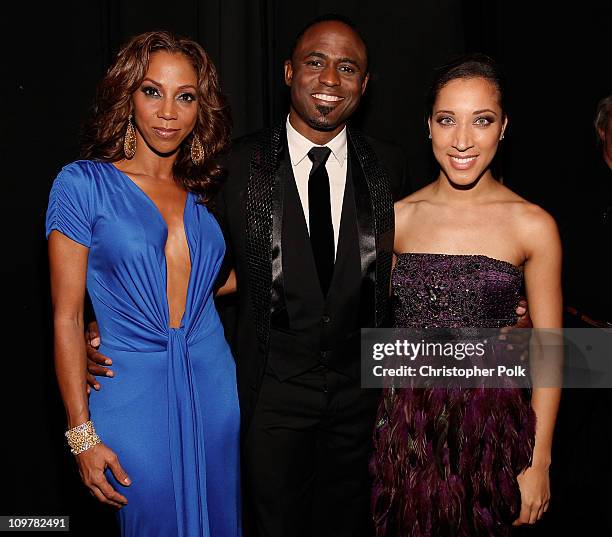 Hosts Holly Robinson Peete, Wayne Brady, and actress Robin Thede backstage at the 42nd NAACP Image Awards held at The Shrine Auditorium on March 4,...