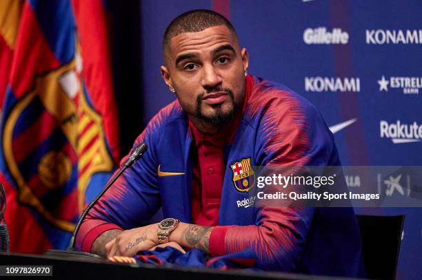 Kevin Prince Boateng is seen at the press conference during his unveiling at Nou Camp on January 22, 2019 in Barcelona, Spain.