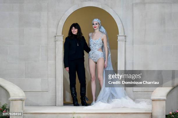 Virginie Viard acknowledges the crowd during the Chanel Haute Couture Spring Summer 2019 show as part of Paris Fashion Week on January 22, 2019 in...