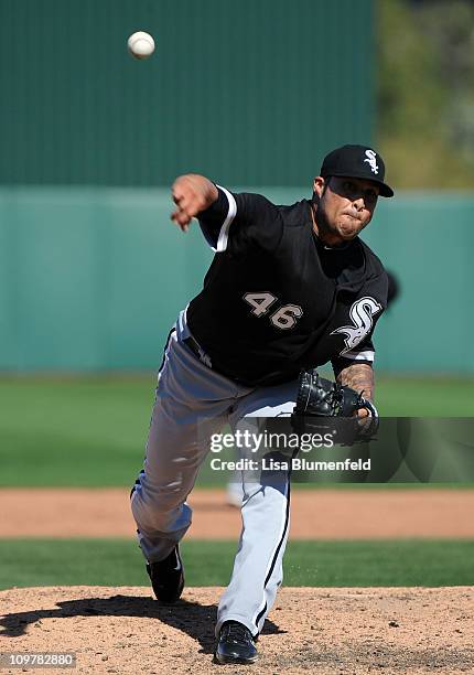 Sergio Santos of the Chicago White Sox pitches against the Los Angeles Angels of Anaheim at Tempe Diablo Stadium on March 4, 2011 in Tempe, Arizona.