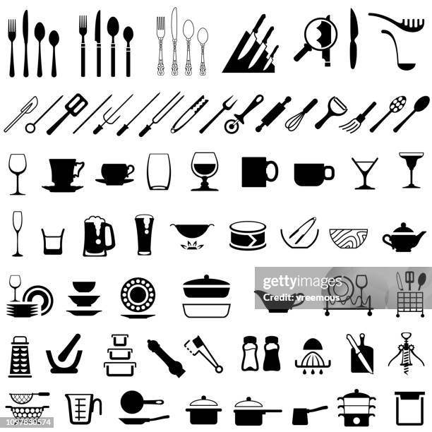 besteck, geschirr und küche geschirr icons - untertasse stock-grafiken, -clipart, -cartoons und -symbole