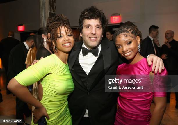 Chloe Bailey, Chairman & CEO of Columbia Records Ron Perry, and Halle Bailey of Chloe X Halle attend the Sony Music Entertainment 2019 Post-Grammy...