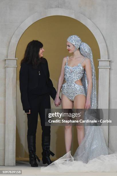 Virginie Viard and Vittoria Ceretti walk the runway during the Chanel Spring Summer 2019 show as part of Paris Fashion Week on January 22, 2019 in...