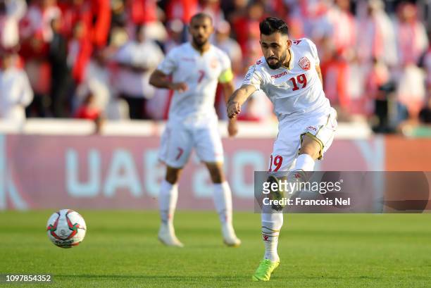 Komail Al Aswad of Bahrain shoots during the AFC Asian Cup round of 16 match between South Korea and Bahrain at Rashid Stadium on January 22, 2019 in...