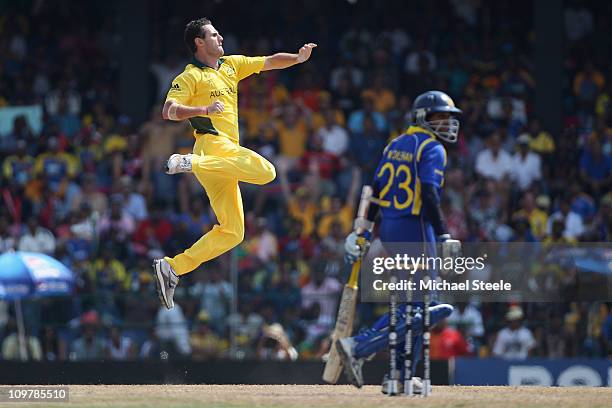 Shaun Tait of Australia celebrates taking the wicket of Tillakaratne Dilshan during the Australia v Sri Lanka 2011 ICC World Cup Group A match at the...