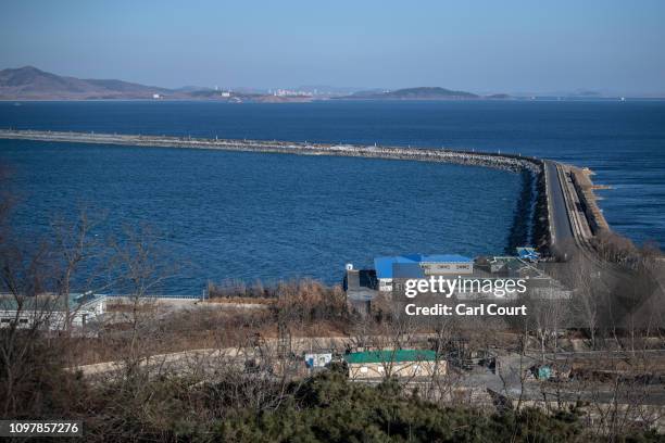 Part of the eight kilometre long West Sea Barrage, a system of dams, lock chambers, and sluices that close off the Taedong River from the Yellow Sea,...