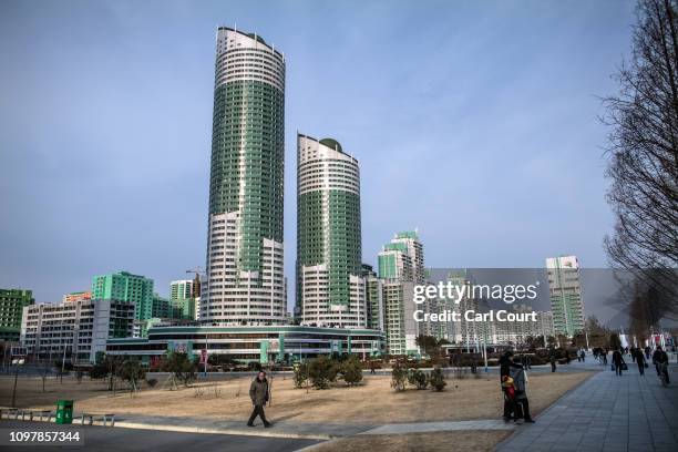 Apartment blocks loom over Ryomyong Street, a newly-built housing area, on February 08, 2019 in Pyongyang, North Korea. U.S President Donald Trump...