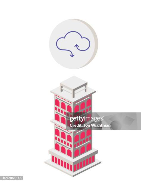 isometric building concept - cloud computing - above the cloud stock illustrations