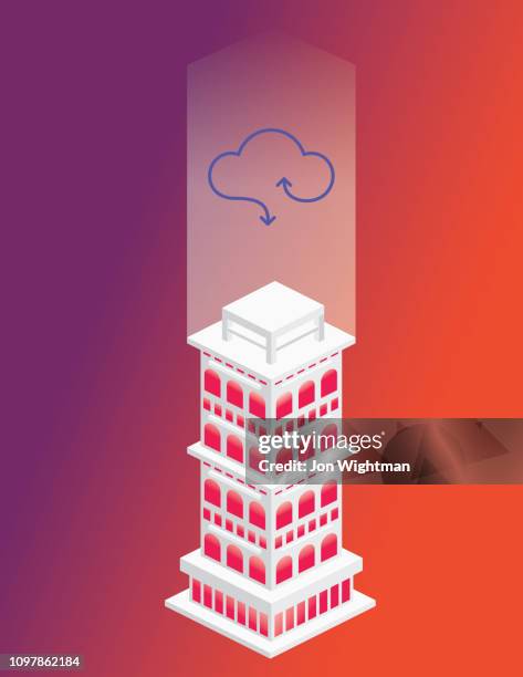 isometric building concept - cloud computing - above the cloud stock illustrations