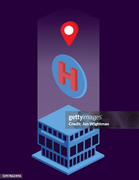 isometric building concept - hospital symbol - view from airplane window stock illustrations