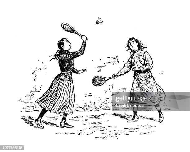 ilustraciones, imágenes clip art, dibujos animados e iconos de stock de antigua ilustración francesa grabado antiguo: bádminton - badminton racket