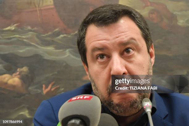 Italys Interior Minister and deputy PM Matteo Salvini reacts during a press conference on February 11, 2019 in Rome, a day after a regional vote in...