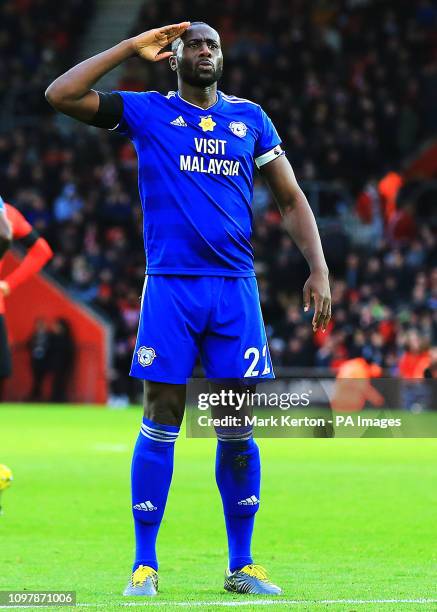 Cardiff City's Sol Bamba salutes Cardiff fans after scoring his sides first goal of the match with a fan during the Premier League match at St Mary's...