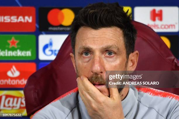 Roma Italian coach Eusebio Di Francesco ponders during a press conference on February 11, 2019 at AS Roma's training ground in Trigoria, south of...